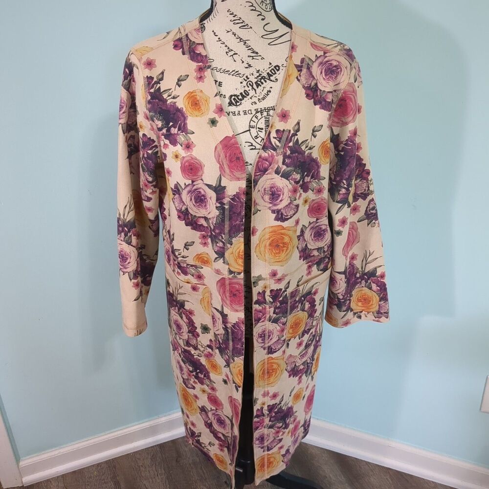 Joan Vass New York Faux Leather Duster Tan/Floral large open front cardigan jack